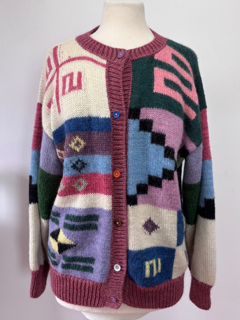 Vintage Wool Knit Peruvian Cardigan Sweater Cottagecore Geometric Womens M/L